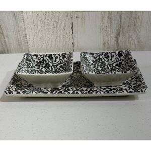Kanesada Salt Glaze Stoneware Set Sushi Plate Sauce Bowls Black Floral Filagree‎